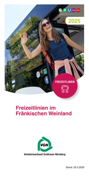 Bocksbeutel-Express 2025 © VGN Eine junge Frau winkend mit Wanderausrüstung vor einem Bus.